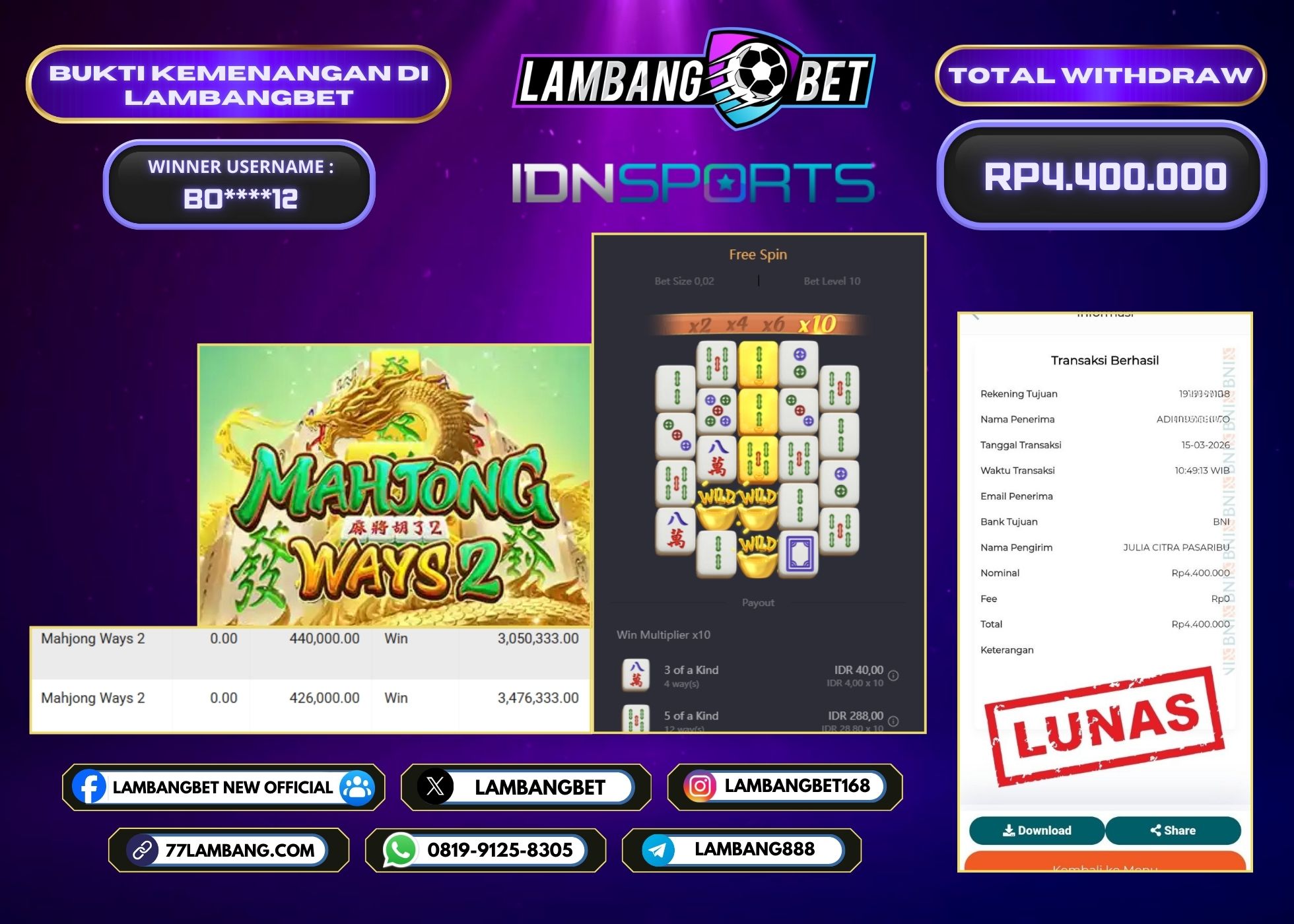 LAMBANGBET [15 MARET 2026] JACKPOT SLOT Mahjong Ways 2 "Rp4.400.000" LUNAS